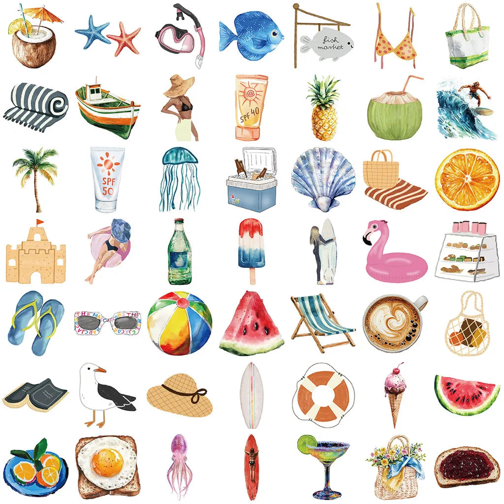 A collection of summer graffiti stickers featuring various designs and elements for personalized gear.