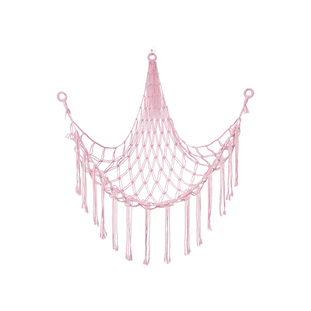 Pink multi-use storage hammock for toys and plushies with a draped, netted design