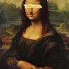 A portrait painting of a woman with a light yellow bar across her face.