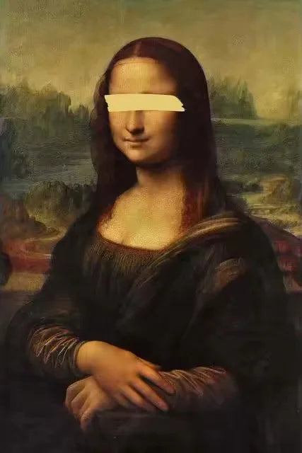 A portrait painting of a woman with a light yellow bar across her face.