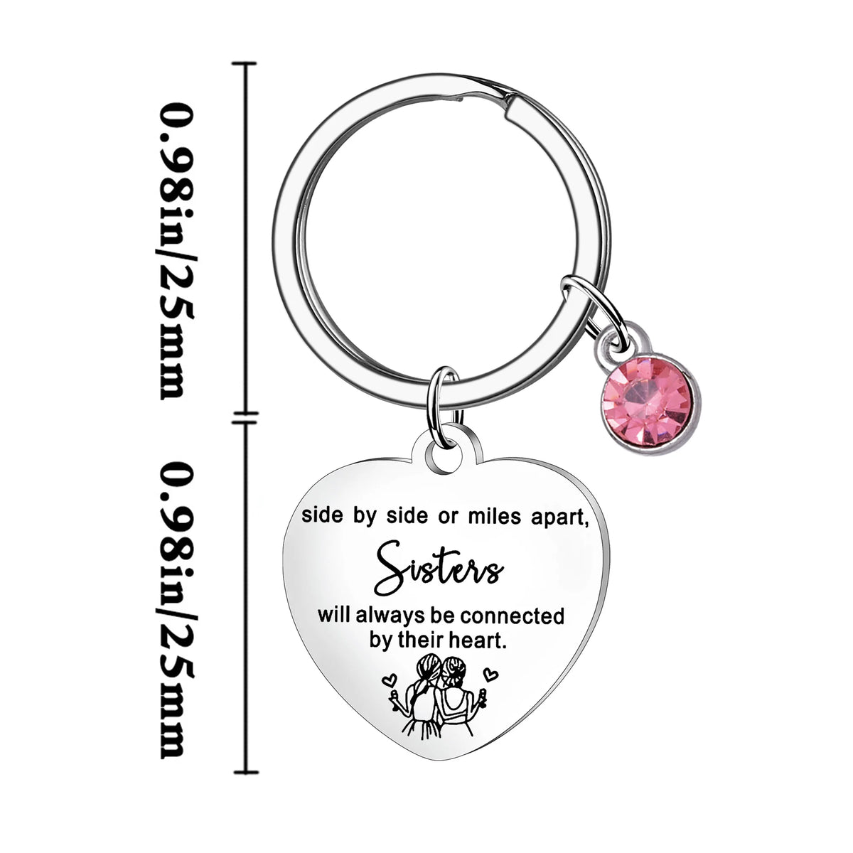 Herzförmiger Edelstahl-Anhänger mit rosa Edelstein und Gravur: Schwestern bleiben verbunden