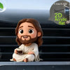 A 2D acrylic flat depiction of Jesus with a beard sitting on a vent grate.