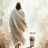 A painting depicting Jesus walking on water against a bright, textured white background.