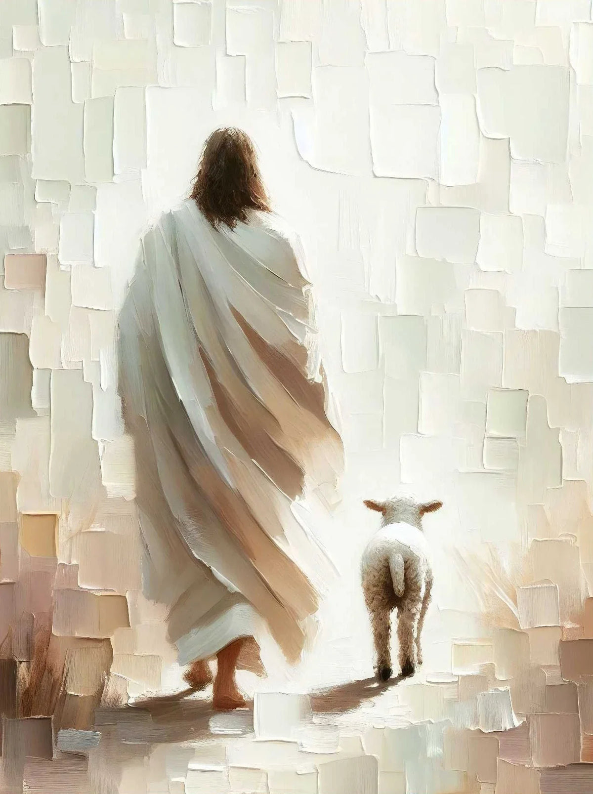 A painting depicting Jesus walking on water against a bright, textured white background.