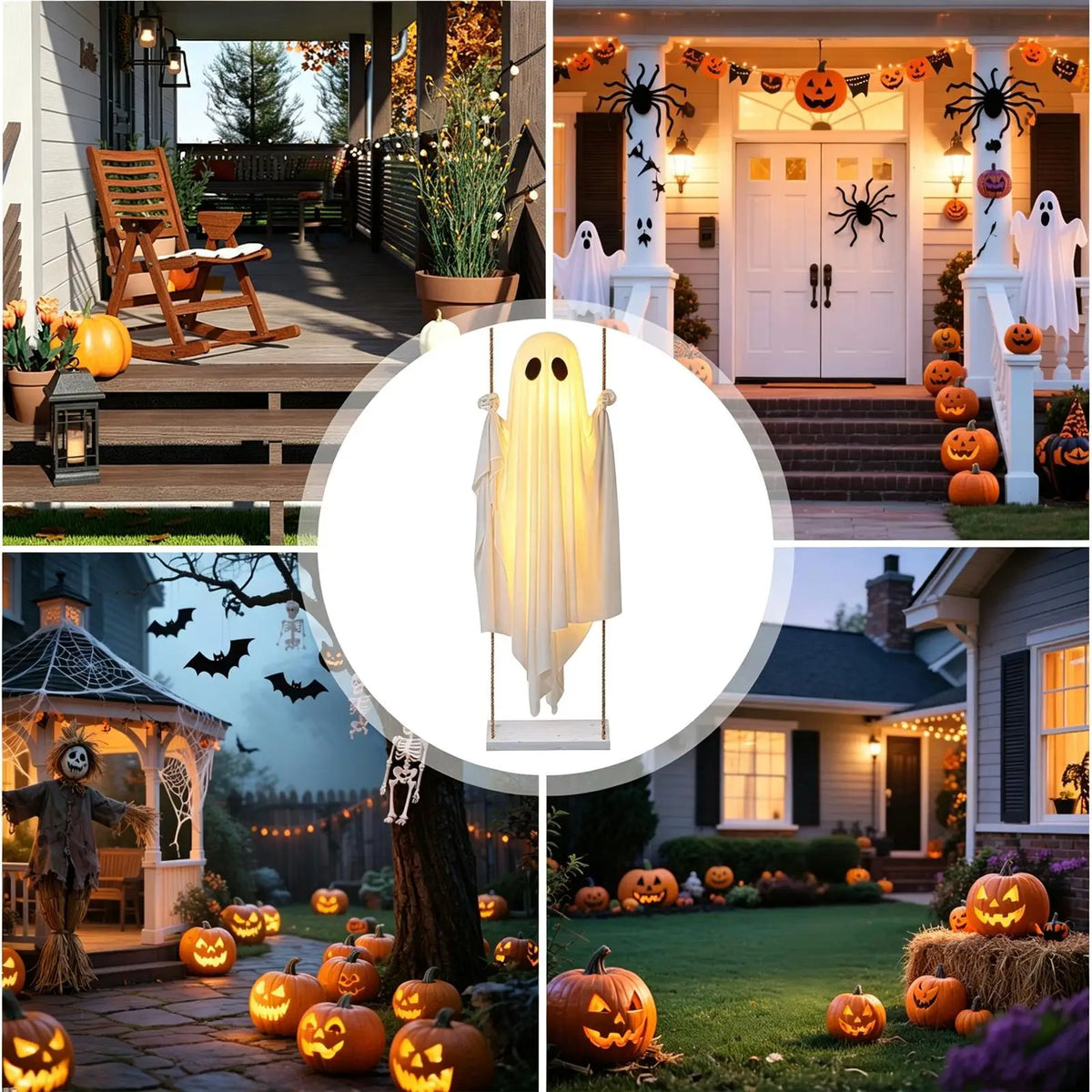 Une décoration fantôme blanche suspendue sur un cadre en bois avec une lumière à distance, dans une installation d'Halloween 
