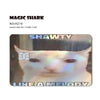 A holographic cat face is featured on a credit card skin sticker titled Magic Shark.