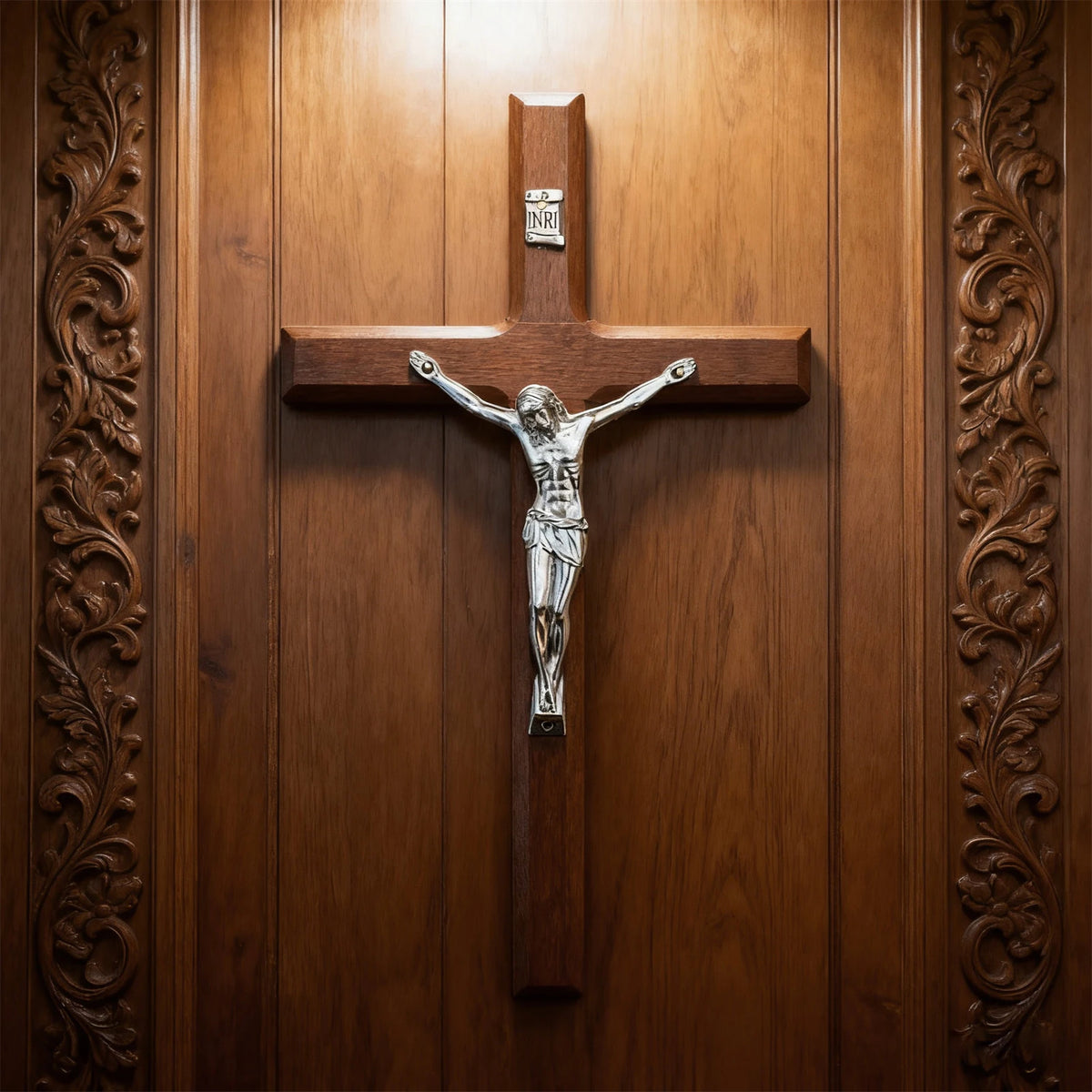 A handcrafted wooden cross with a figure mounted on a wooden door panel surrounded by carved wood molding.