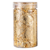 A clear jar filled with shiny gold foil flakes for resin art and jewelry making