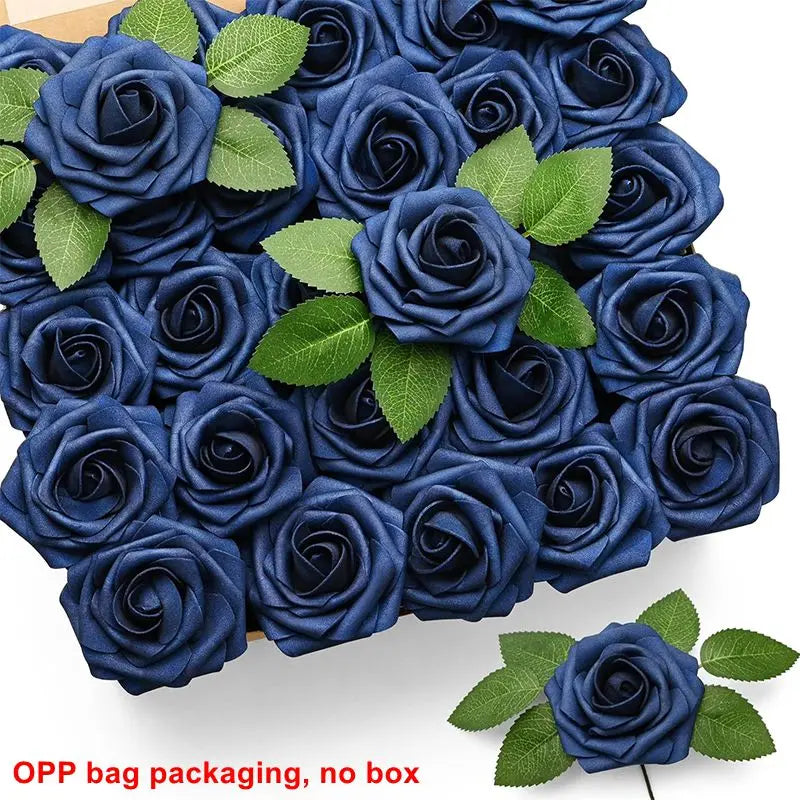 A dense bouquet of dark blue artificial foam roses with green leaves, packaged for DIY projects.