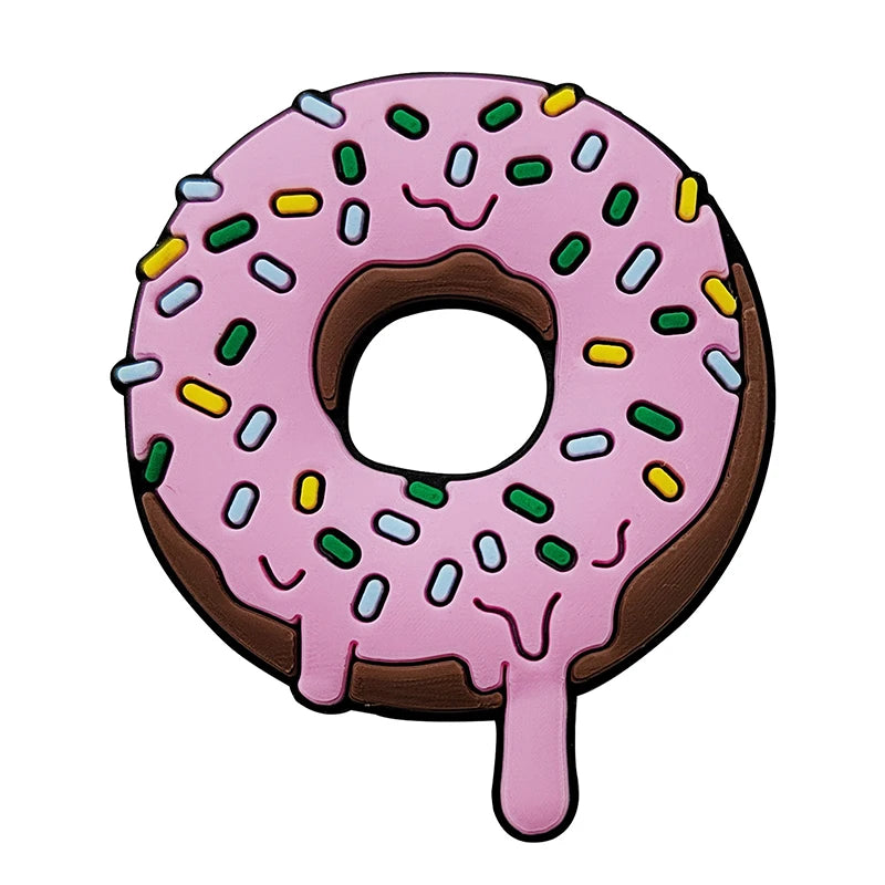 Pink doughnut charm with colorful sprinkles and a dripping glaze