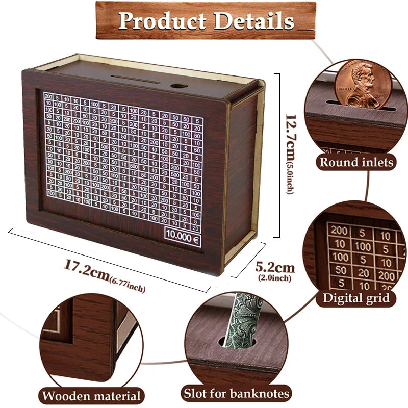 A wooden piggy bank with a slot for banknotes and a digital grid for saving money.
