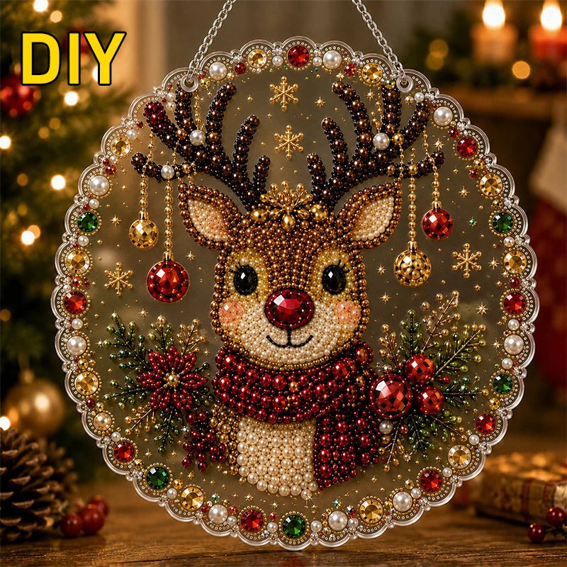 DIY Christmas pearl diamond painting suncatcher kit featuring a deer with antlers and a red scarf hanging from a metal chain
