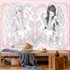 Tapiz de anime con dos figuras aladas en tonos rosa y blanco para decoración de pared.