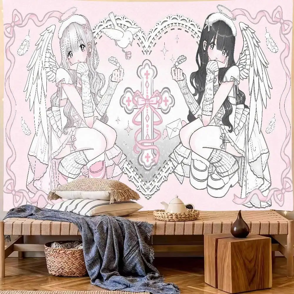 Tapiz de anime con dos figuras aladas en tonos rosa y blanco para decoración de pared.