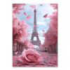 A diamond painting image featuring the Eiffel Tower surrounded by pink cherry blossom trees and falling petals.