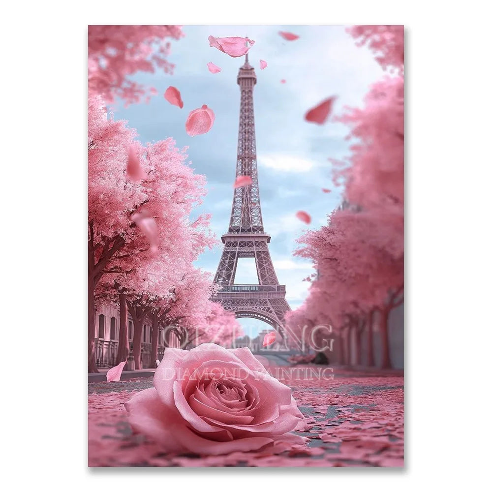 A diamond painting image featuring the Eiffel Tower surrounded by pink cherry blossom trees and falling petals.