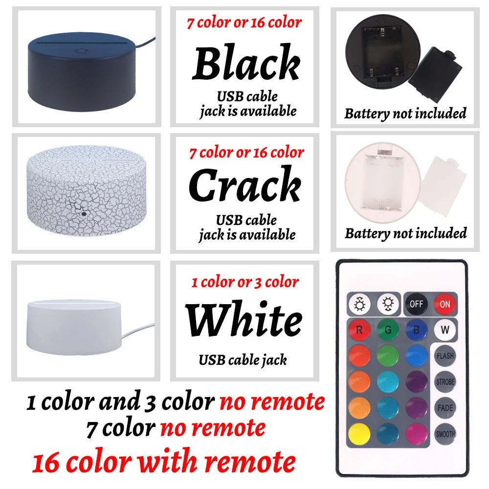 A set of 3D LED night lights in black, crack, and white colors with various USB cables and a remote control.