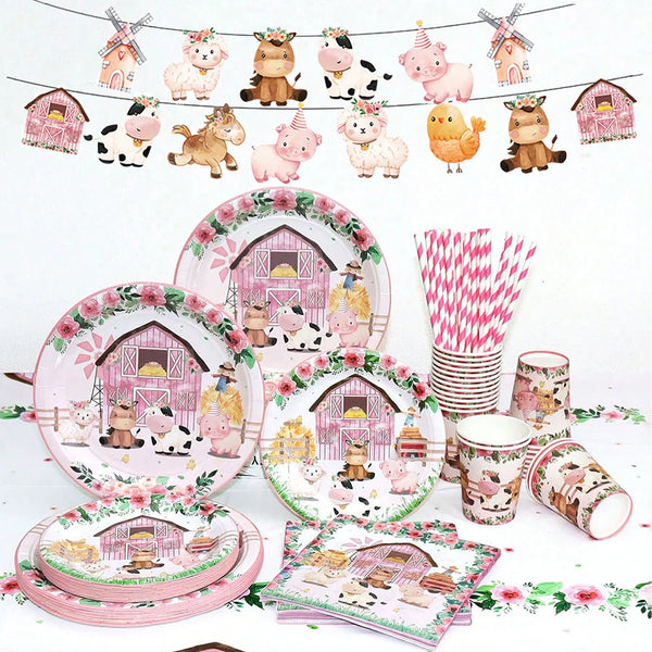 A pink farm animals birthday party tableware set featuring various animal figures and a wooden barn design.