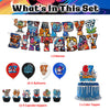 A set of birthday decorations including a banner, balloons, cake toppers, and a cake topper.