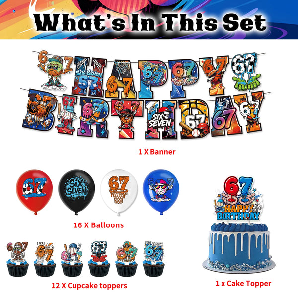 A set of birthday decorations including a banner, balloons, cake toppers, and a cake topper.