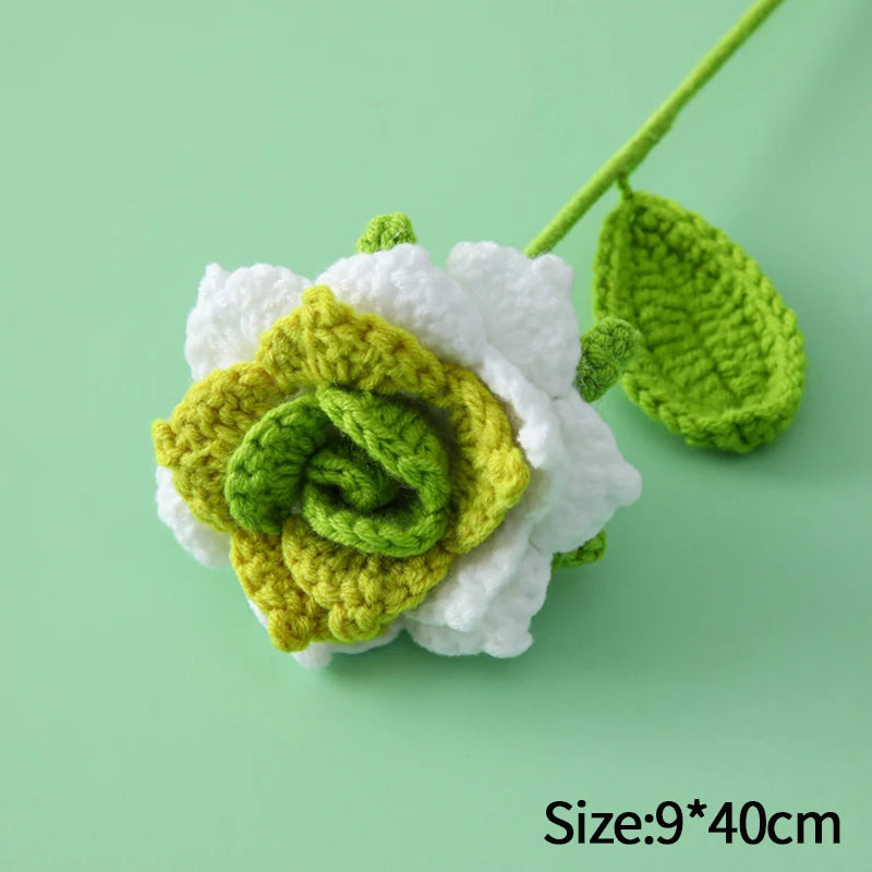 Handmade crochet tulip bouquet featuring white and lime green flowers and leaves