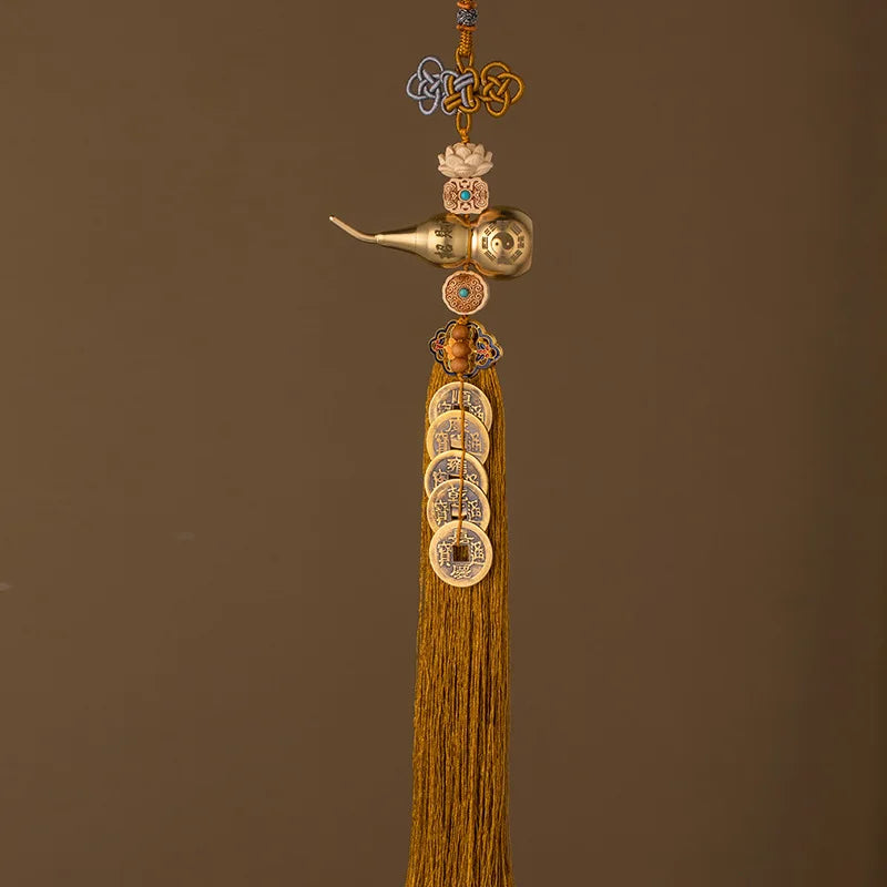 Brass gourd and five emperor coins hanging ornament with a golden tassel