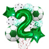 A set of green and white foil balloons shaped like the number 2 and a soccer ball for birthday decorations