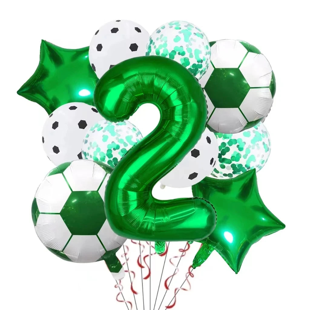 A set of green and white foil balloons shaped like the number 2 and a soccer ball for birthday decorations