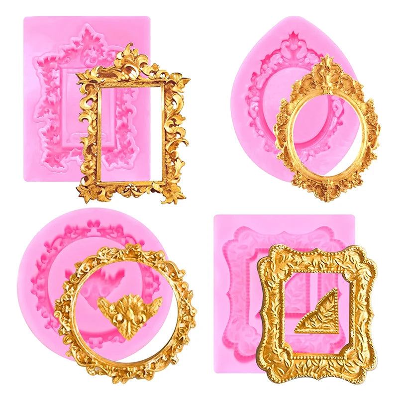 Four silicone frame molds in pink and gold for chocolate, clay, and craft projects