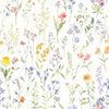 A seamless pattern of delicate watercolor wildflowers in soft greens, pinks, yellows, and blues on a white background.