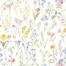 A seamless pattern of delicate watercolor wildflowers in soft greens, pinks, yellows, and blues on a white background.