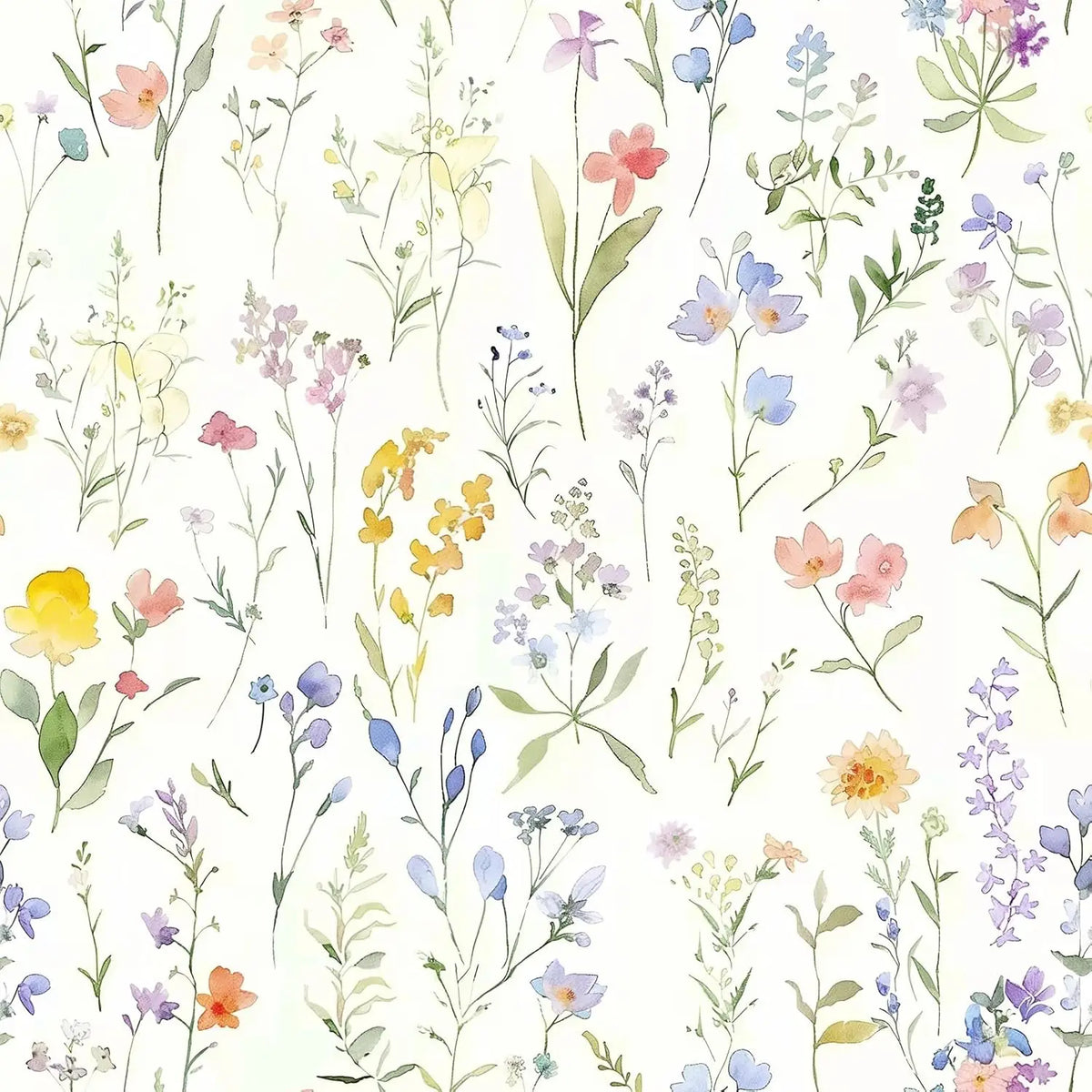 A seamless pattern of delicate watercolor wildflowers in soft greens, pinks, yellows, and blues on a white background.