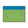 A minimalist canvas painting depicting a green golf course under a blue sky with several figures playing golf.