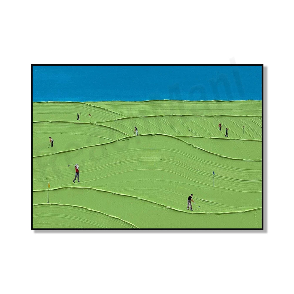 A minimalist canvas painting depicting a green golf course under a blue sky with several figures playing golf.