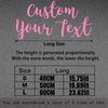 A graphic showing size options for custom text, with measurements in centimeters and inches.