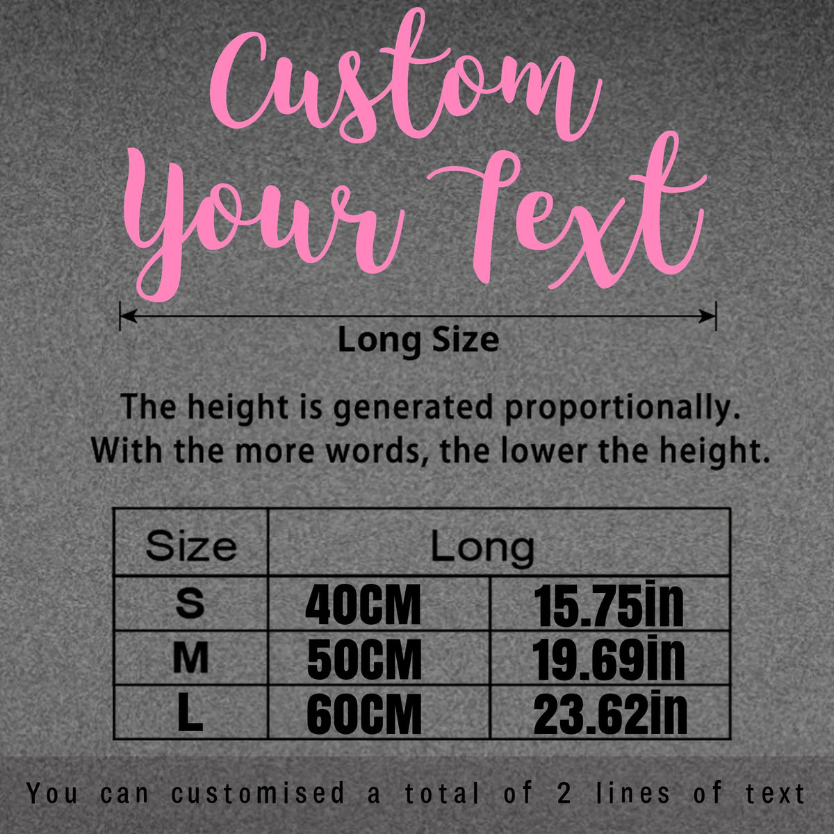 A graphic showing size options for custom text, with measurements in centimeters and inches.