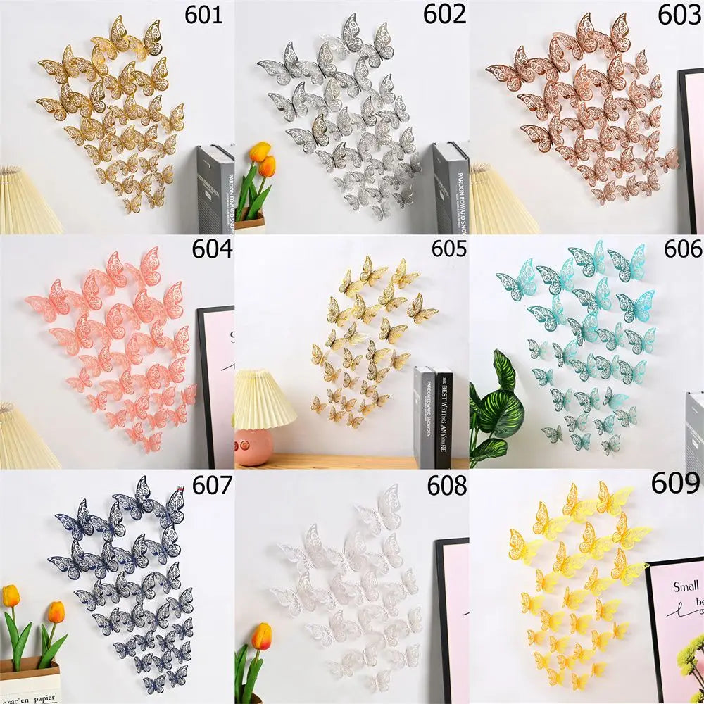 A set of 3D hollow butterfly wall decals in various gold, silver, and light blue colors.