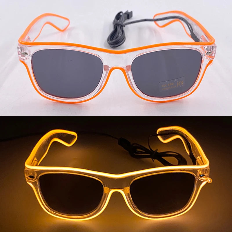 Pair of orange light up EL wire party glasses viewed from the front