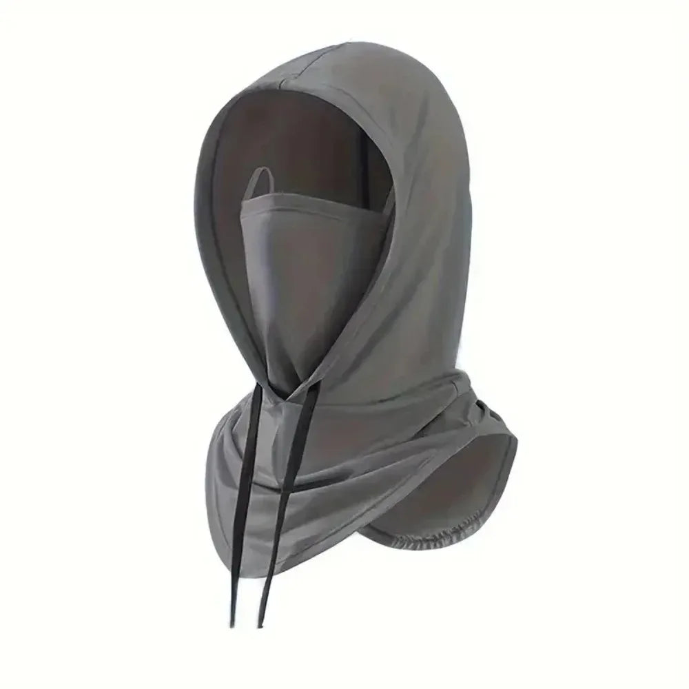 A gray breathable full head UV protection mask with a hood shown against a white background.
