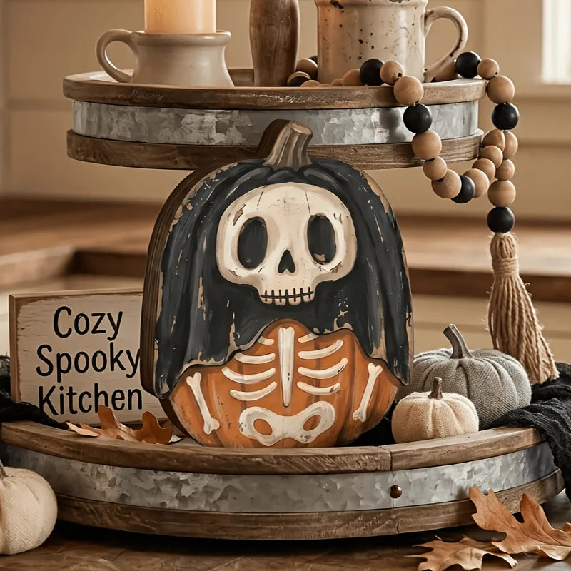 A vintage Halloween pumpkin decor set featuring a carved skull pumpkin and decorative gourds on a wooden tray.