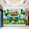 A football themed birthday backdrop banner featuring balloons, soccer balls, and golden trophies.