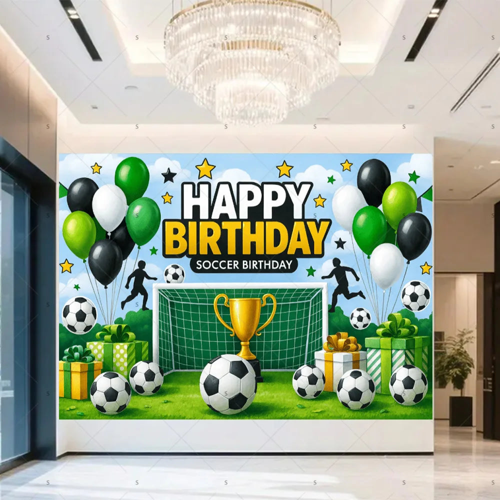 A football themed birthday backdrop banner featuring balloons, soccer balls, and golden trophies.