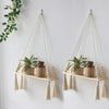 Macrame wood floating wall shelf with hanging rope displaying potted plants.