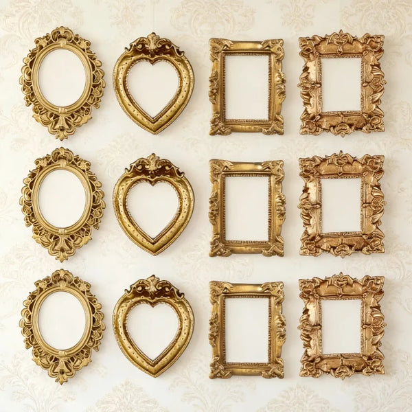 A collection of vintage baroque resin picture frames in gold finish, arranged in a grid.