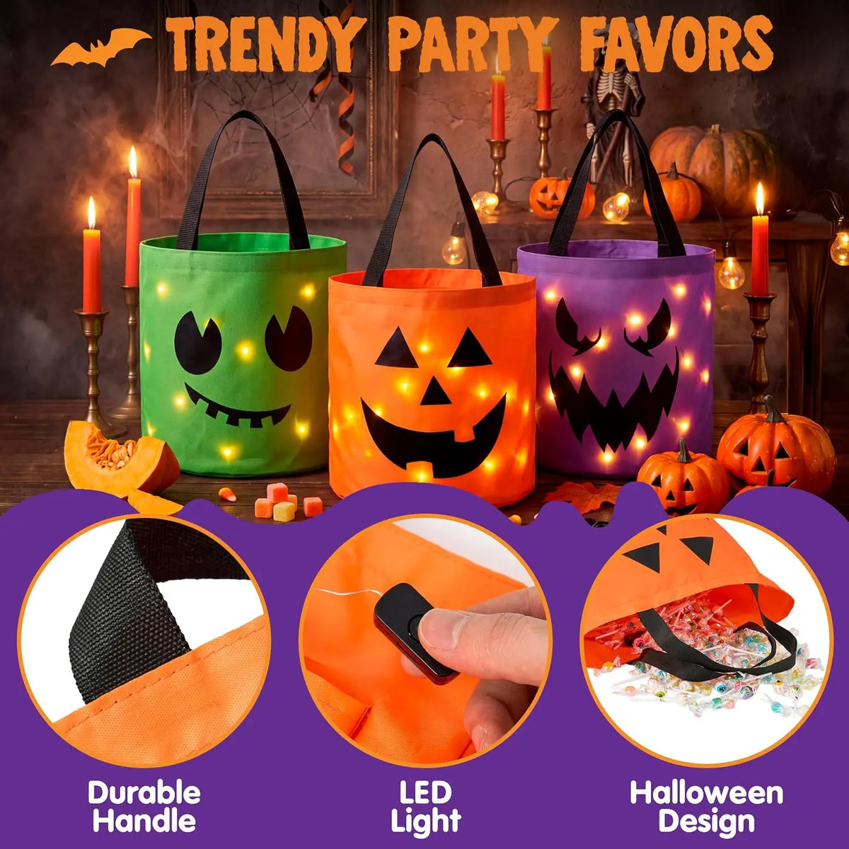 Trois sacs en tissu orange et violet avec des visages de citrouilles lumineuses pour les cadeaux d'Halloween