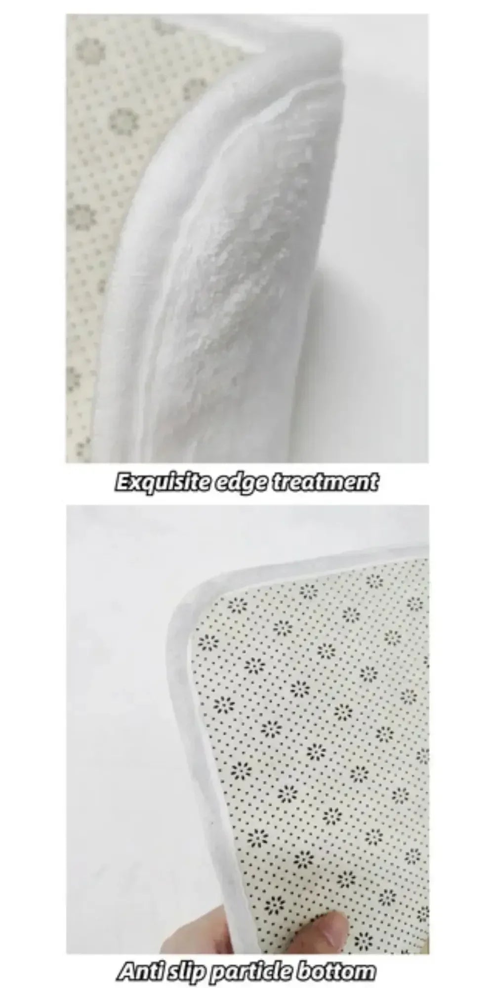 Close-up view of a white doormat showing exquisite edge treatment and an anti-slip particle bottom.