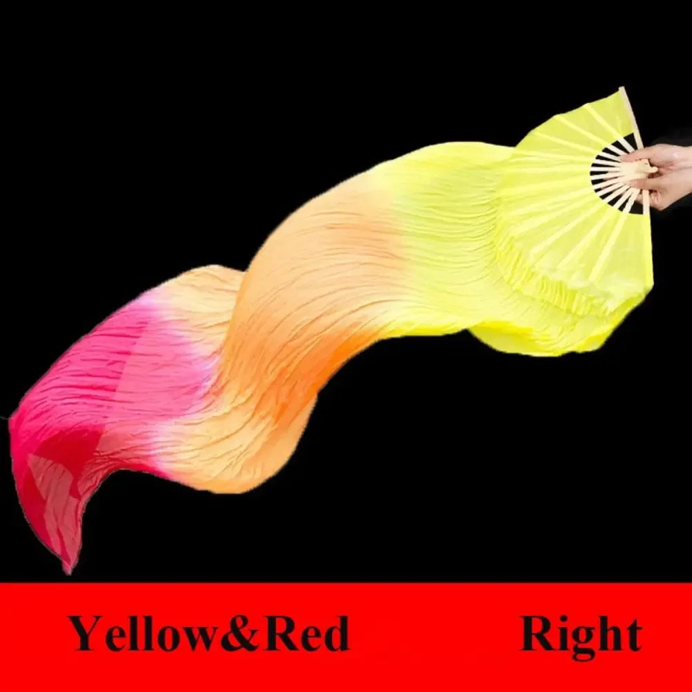 A yellow and red silk ribbon dance fan is shown from the right side, displaying a gradient color transition.