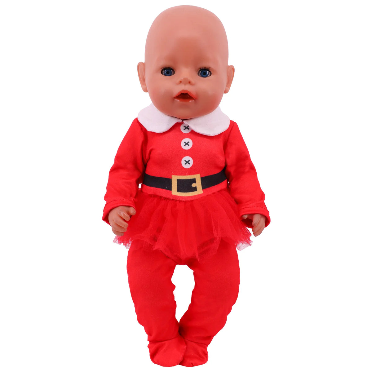 A baby doll with a bald head wearing a red outfit featuring a white collar and a black belt.