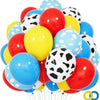A bunch of 12-inch latex balloons in red, yellow, and blue with a cow print pattern for party decor.
