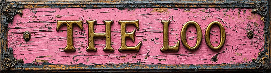 A distressed pink metal sign with the text THE LOO in gold lettering.